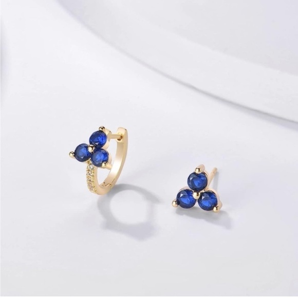 GOLD 14k Gold Plated 2pc Blue Cubic Zirconia Stud Earring Set - Picture 2 of 3